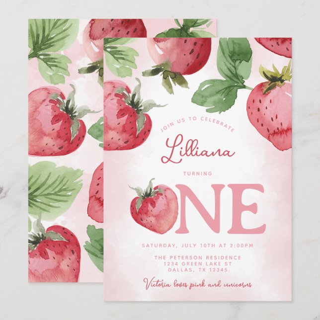 Pink Strawberry 1st Birthday Party Invitation (Front/Back)
