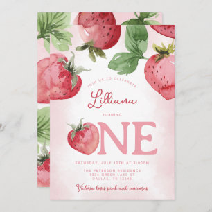 Pink Strawberry 1st Birthday Party Invitation
