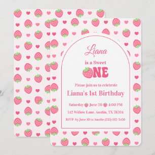 Pink Strawberry 1st Birthday Party Sweet One Girl Invitation