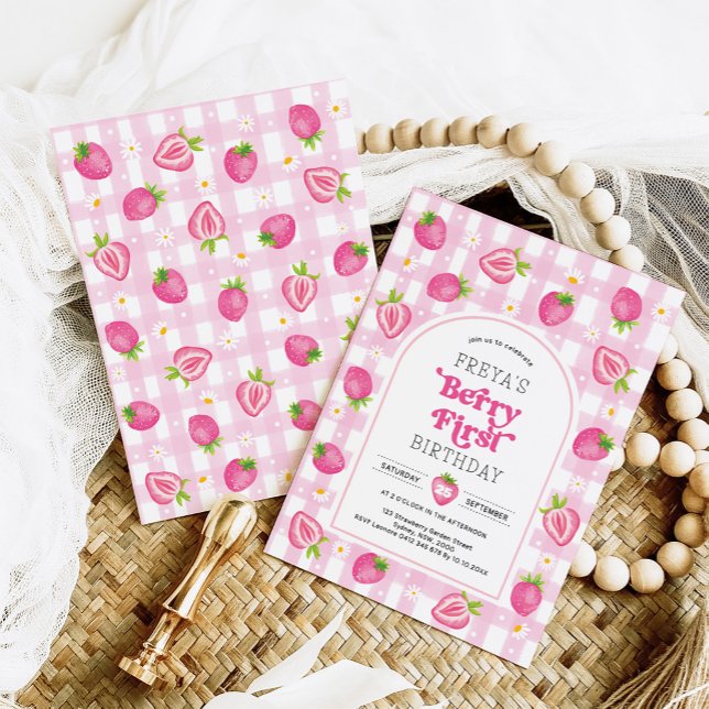 Pink Strawberry Berry First 1st Birthday Girl Invitation (Creator Uploaded)