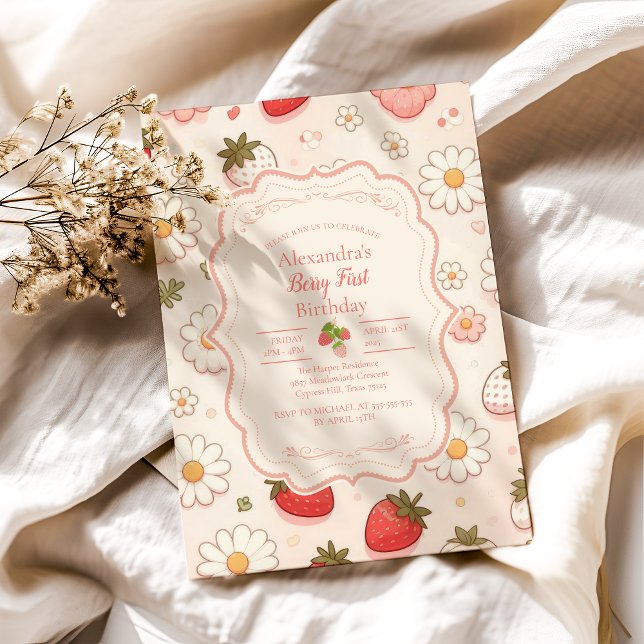Pink Strawberry Berry First 1st Birthday Invitation (Creator Uploaded)