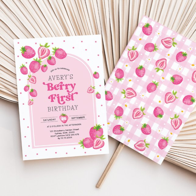 Pink Strawberry Berry First 1st Birthday Invitation (Creator Uploaded)