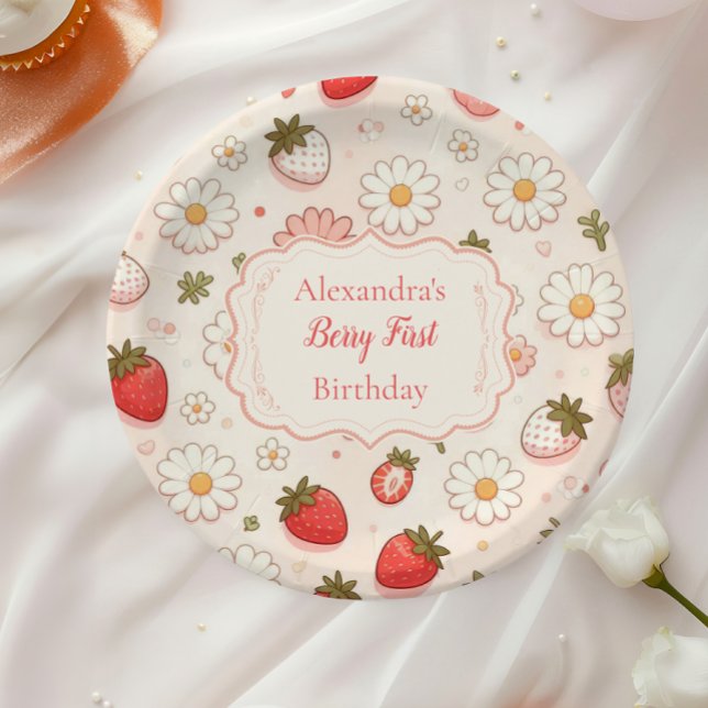 Pink Strawberry Berry First 1st Birthday Paper Plate (Creator Uploaded)