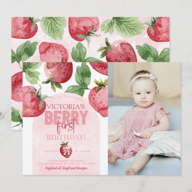Pink Strawberry Berry First 1st Birthday Party Invitation (Front/Back)