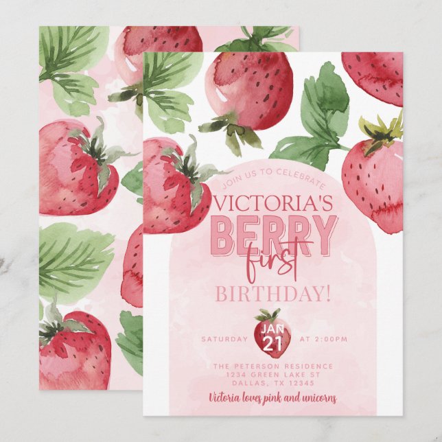 Pink Strawberry Berry First 1st Birthday Party Invitation (Front/Back)