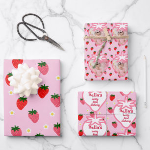 Pink Strawberry Berry First Birthday Girl Wrapping Paper Sheet
