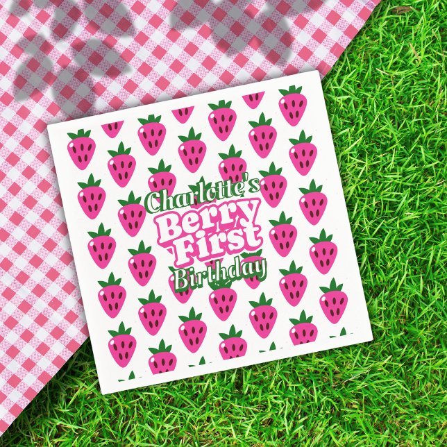 Pink Strawberry Berry First Birthday Paper Napkin (Creator Uploaded)