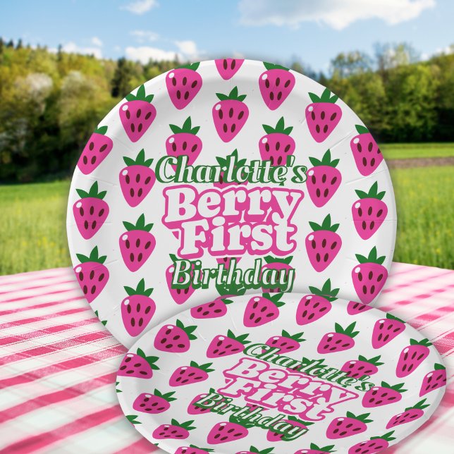 Pink Strawberry Berry First Birthday  Paper Plate (Creator Uploaded)