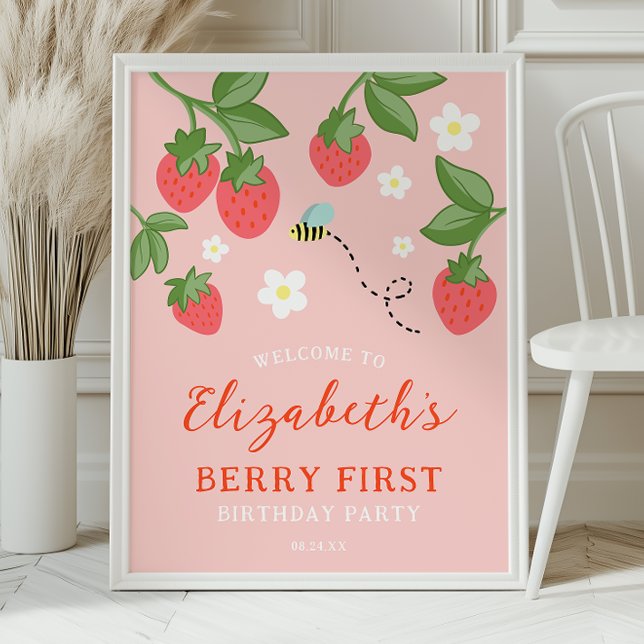 Pink Strawberry Berry First Birthday Welcome Poster (Creator Uploaded)