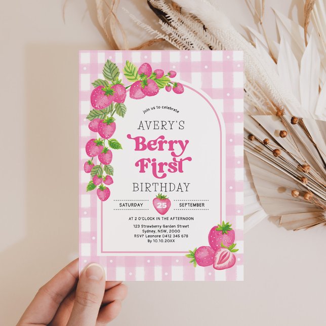 Pink Strawberry Berry First Girl 1st Birthday Invitation (Creator Uploaded)
