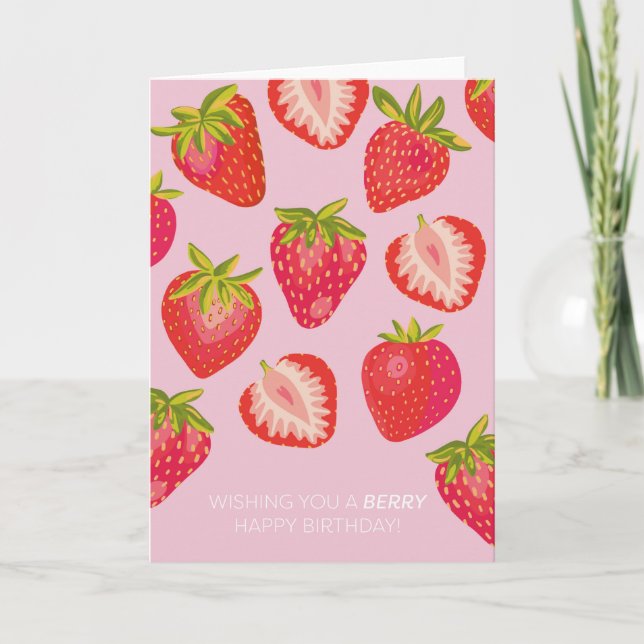 Pink Strawberry Berry Happy Birthday Card (Front)