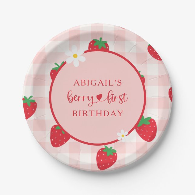 Pink Strawberry Berry Sweet Birthday Paper Plate (Front)