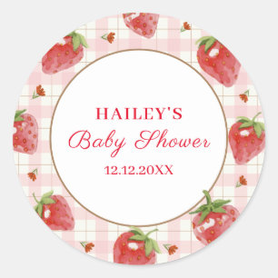 Pink Strawberry Berry  Sweet Gingham Baby Shower Classic Round Sticker