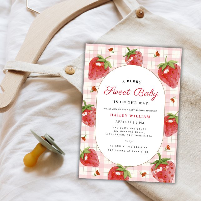 Pink Strawberry Berry Sweet Gingham Baby Shower Invitation (Pink Strawberry Berry Sweet Gingham Baby Shower Invitation)