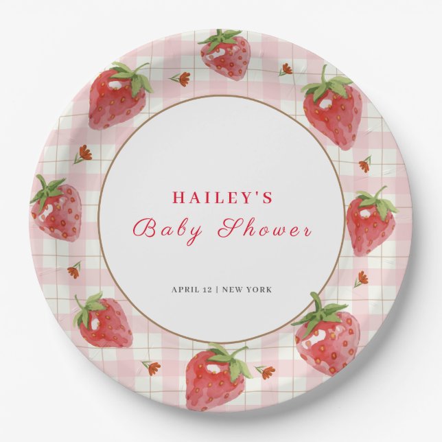Pink Strawberry Berry  Sweet Gingham Baby Shower Paper Plate (Front)