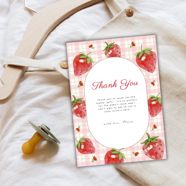 Pink Strawberry Berry Sweet Gingham Baby Shower Thank You Card (Pink Strawberry Berry Sweet Gingham Baby Shower Thank You Card)