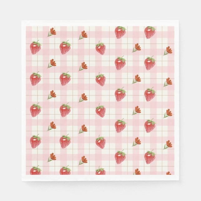 Pink Strawberry Berry Sweet Gingham Party Napkin (Front)