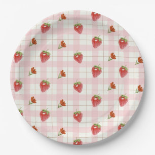 Pink Strawberry Berry Sweet Gingham Party Paper Plate