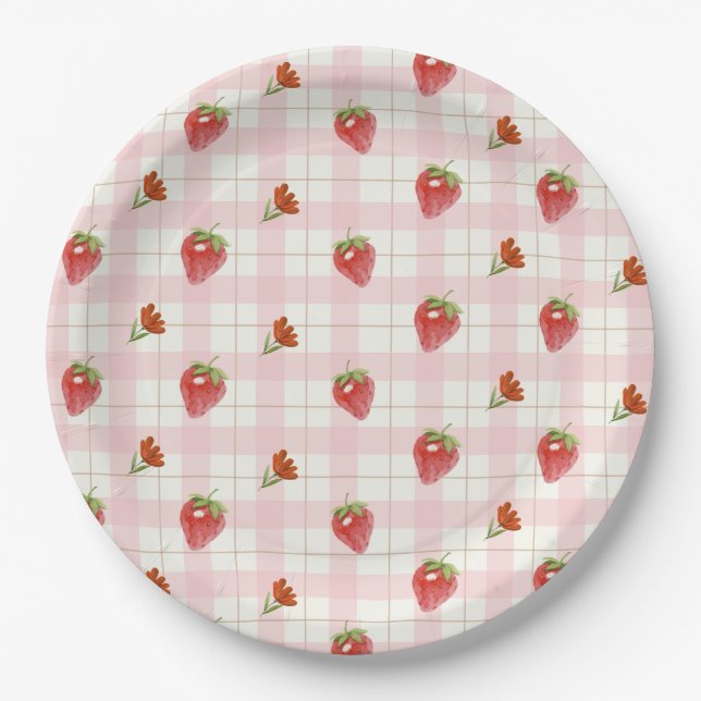 Pink Strawberry Berry Sweet Gingham Party Paper Plate (Front)