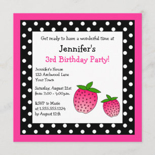 Pink Strawberry Birthday Black & White Polka Dots Invitation