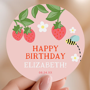 Pink Strawberry Birthday Party Favor Thank you Classic Round Sticker