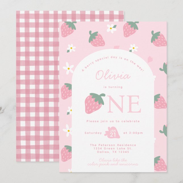 Pink Strawberry Birthday Party Invitation (Front/Back)