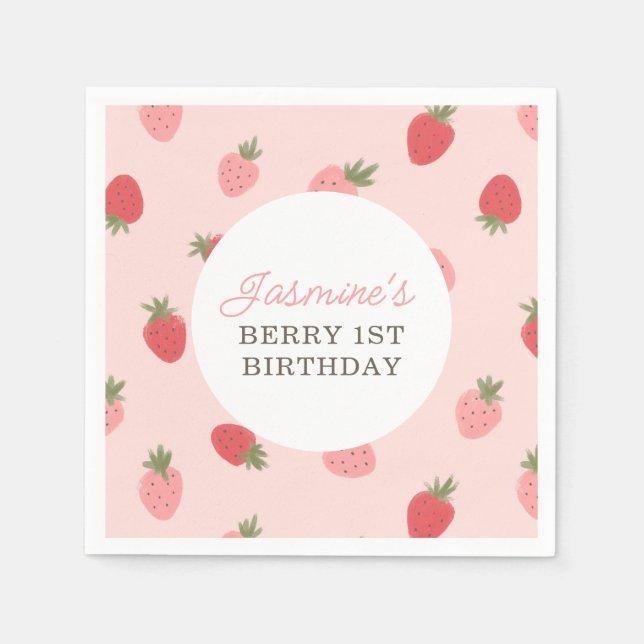 Pink Strawberry Birthday Party Napkin (Front)