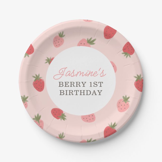 Pink Strawberry Birthday Party Paper Plate (Front)