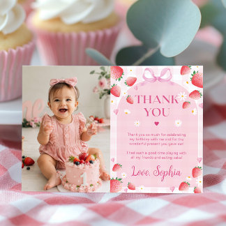 Pink Strawberry Birthday Party Thank You Card