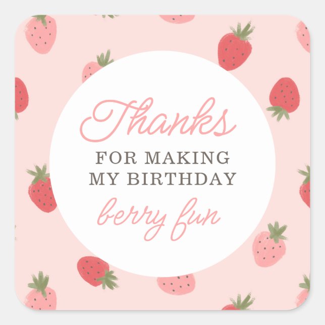 Pink Strawberry Birthday Party Thank You Square Sticker (Front)
