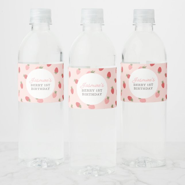 Pink Strawberry Birthday Party Water Bottle Label (Bottles)