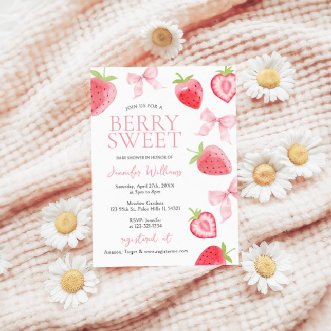 Pink Strawberry Bow Berry Sweet Baby Girl Shower Invitation (Creator Uploaded)