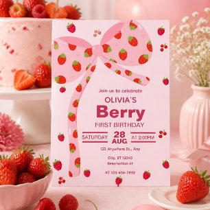 Pink Strawberry Bow First Birthday Invitation