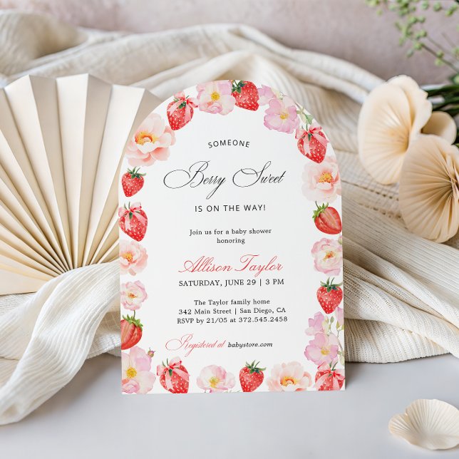Pink Strawberry Bow Floral Baby Shower Arch Invitation (Creator Uploaded)