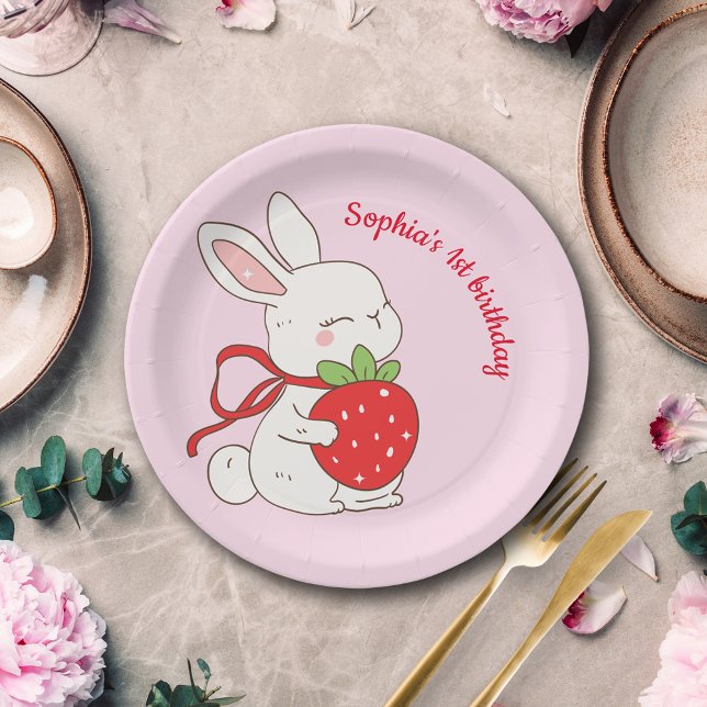 Pink Strawberry Bunny Birthday Paper Plate (Creator Uploaded)