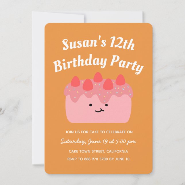 Pink Strawberry Cake Birthday Party Invitation (Front)