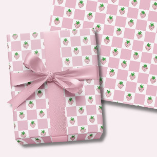 Pink Strawberry Chequerboard Summer Wrapping Paper Sheet