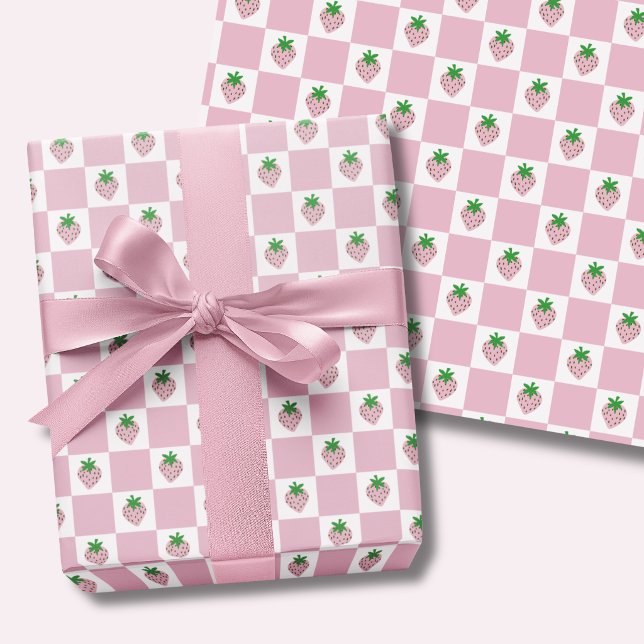Pink Strawberry Chequerboard Summer Wrapping Paper Sheet (Pink strawberry checkboard wrapping paper sheets)