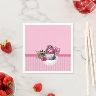 Pink Strawberry Cupcake with Pink Flowers Napkins