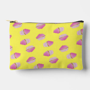 Pink strawberry cupcakes on yellow accessory pouch