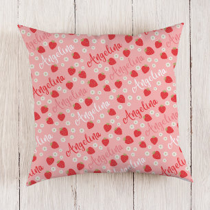 Pink Strawberry Custom Name Girls Pillow
