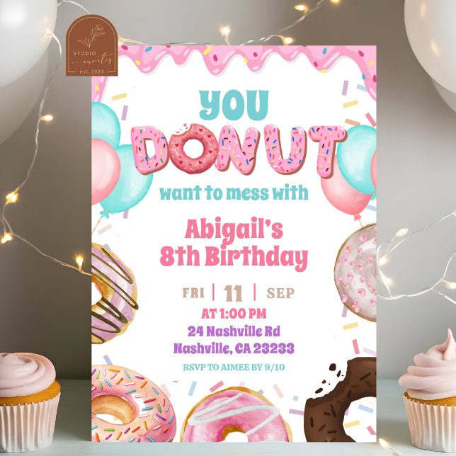 Pink Strawberry Donut Theme Girl Birthday Party Invitation (Creator Uploaded)