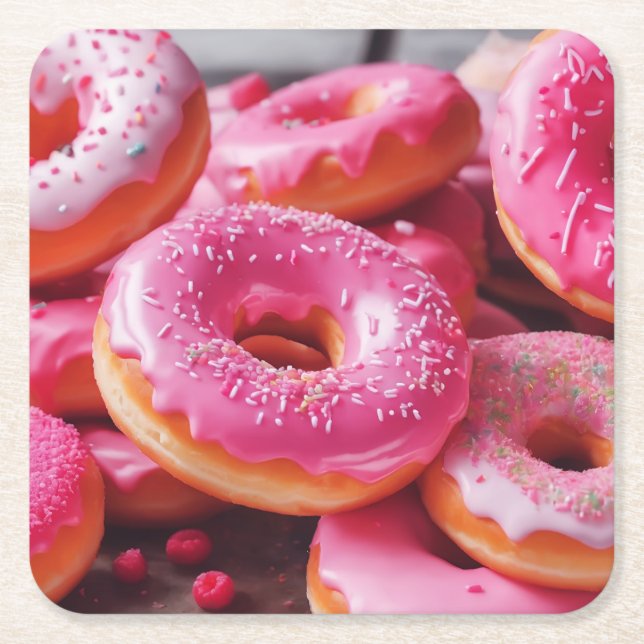 Pink Strawberry Doughnuts Square Paper Coaster (Front)
