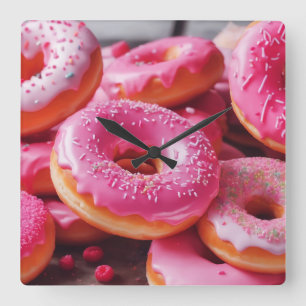 Pink Strawberry Doughnuts Square Wall Clock