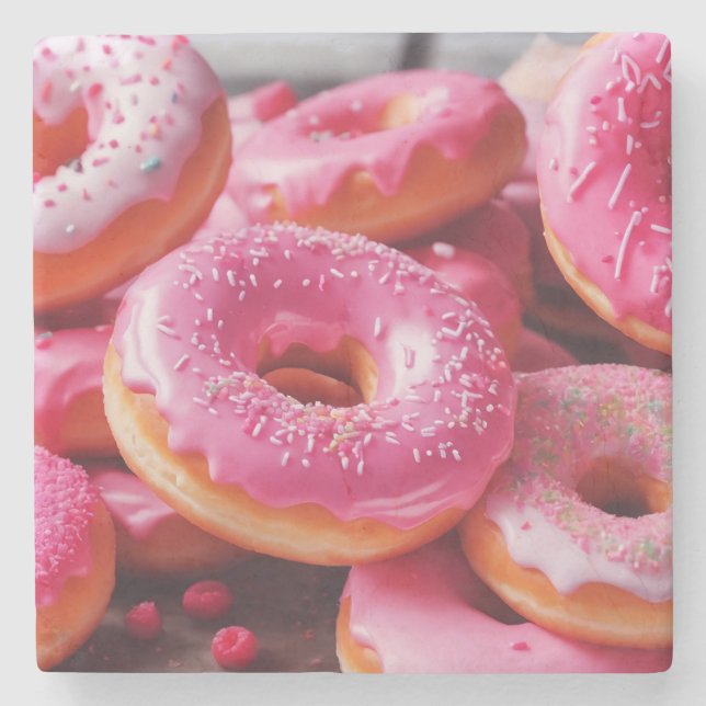 Pink Strawberry Doughnuts Stone Coaster (Front)