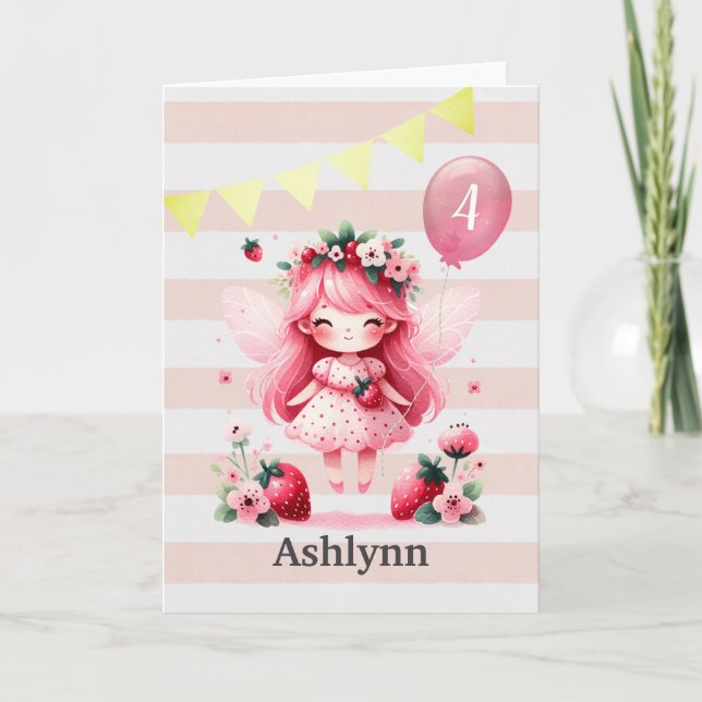  Pink Strawberry Fairy 4th Birthday Card (Front)