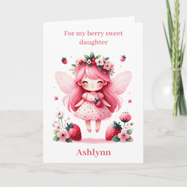 Pink Strawberry Fairy Berry Birthday Daughter Card (Front)