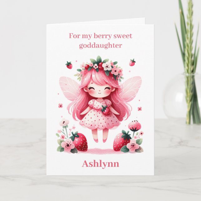 Pink Strawberry Fairy Berry Birthday Goddaughter Card (Front)