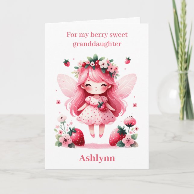 Pink Strawberry Fairy Berry Birthday Granddaughter Card (Front)