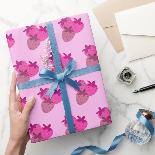 pink strawberry field summer cute nature fruit  wrapping paper (Gifting)